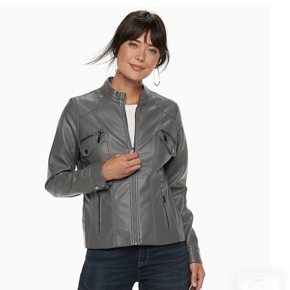 NWT Apt. 9 Faux Leather Moto Gray Jacket - Picture 2 of 11